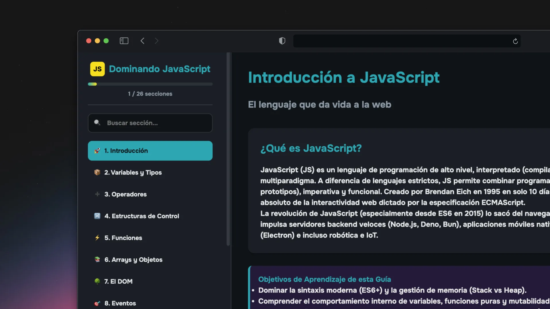Screenshot de la guía interactiva de JavaScript